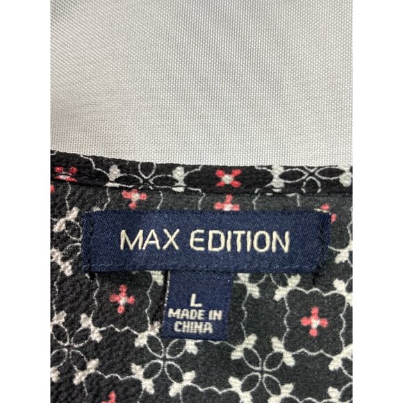 Max Edition Black White Red Floral Bell Sleeve Shift Dress L Geometric Midi - Picture 3 of 4